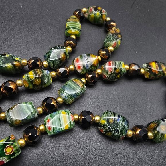 Vintage Teng Yue Green Millefiori Glass Beaded Necklace Floral - Picture 6 of 10